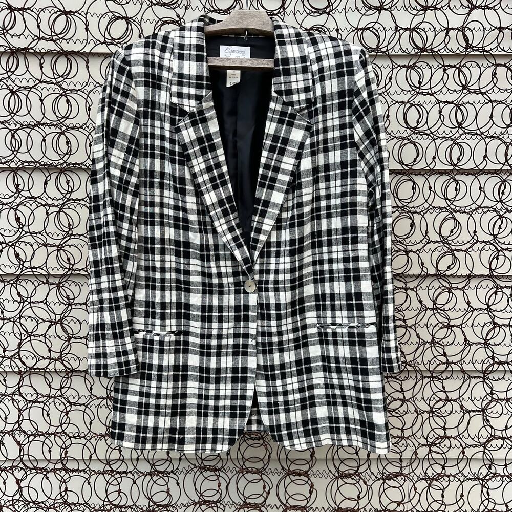 VTG 80s Expressions by Laura Gayle Plus Size 18W Black White Plaid Boxy Blazer